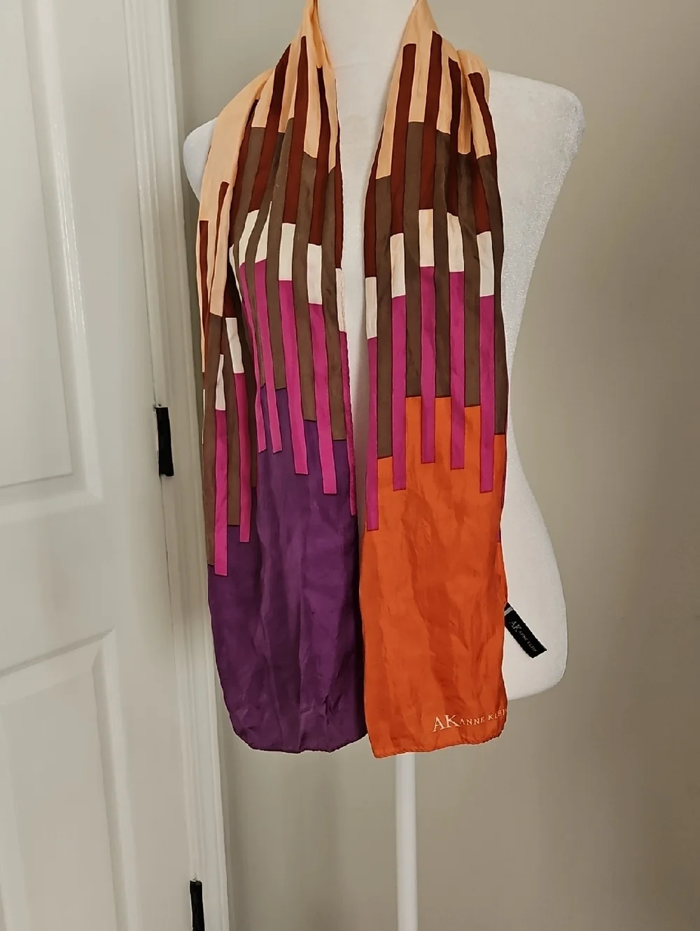 Anne Klein 100% Silk Scarf Vintage Abstract Geometric Stripes Purple Orange
